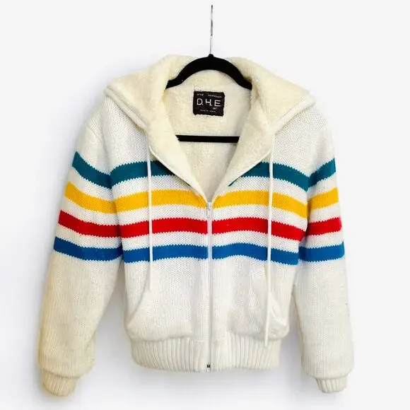 Vintage 80s DHE Sherpa-Lined Hooded Sweater Jacket – Size: Adult M - Picture 1 of 7